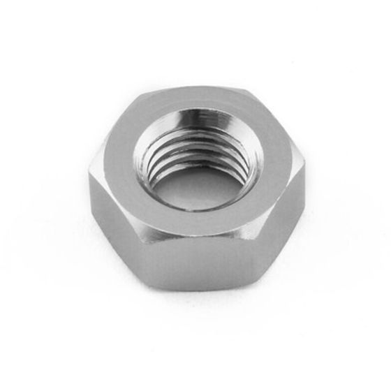 Silver alloy M6 nut with a hexagonal shape and internal threading, part of a pack of five, showcasing a polished metallic finish.