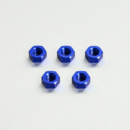 Five blue alloy nuts, M8x6.3mm, featuring a hexagonal shape and shiny finish, arranged on a light surface.