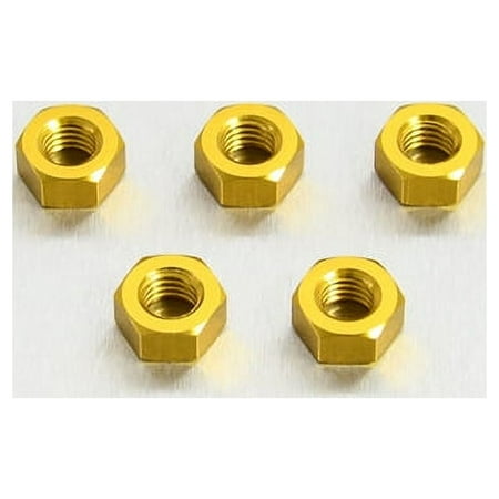 Five gold alloy nuts, M8x6.3mm, featuring a hexagonal shape and internal threading, showcasing a shiny metallic finish.