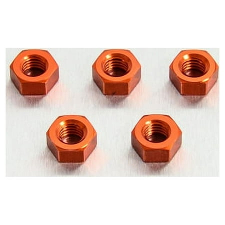 Five orange alloy nuts, M8x6.3mm, featuring a hexagonal shape and internal threading, arranged on a light background.