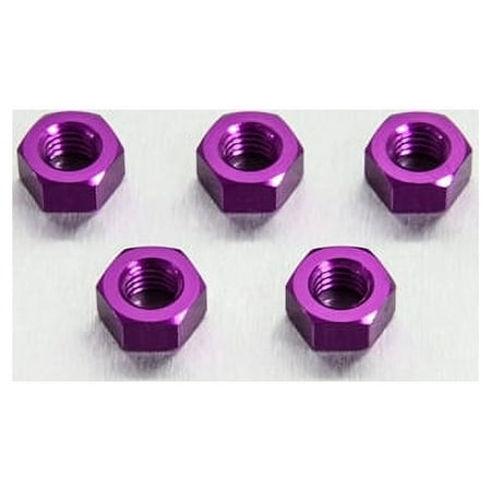 Five purple alloy nuts, M8x6.3mm, with a hexagonal shape and shiny finish, arranged closely together on a light background.