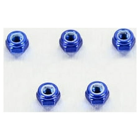 Five blue alloy nyloc nuts, each measuring M5 x 4.8mm, featuring a hexagonal shape and a nylon insert for secure fastening.