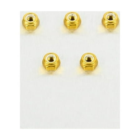 Five gold alloy nyloc nuts, M5 size with a 4.8mm diameter, featuring a nylon insert for secure fastening, arranged on a white background.