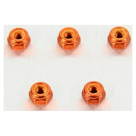 Five orange alloy nyloc nuts, M5 size with a 4.8mm diameter, featuring a hexagonal shape and a nylon insert for secure fastening.