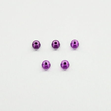 Five purple alloy Nyloc nuts, each measuring M5 x 4.8mm, showcasing a shiny finish and a nylon insert for secure fastening.
