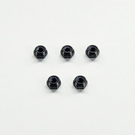 Five black alloy Nyloc nuts, each measuring M6 x 5.8mm, arranged in a row, showcasing their hexagonal shape and threaded interior.