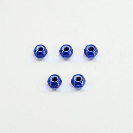 Five blue alloy nyloc nuts, each measuring M6 x 5.8mm, featuring a shiny finish and a nylon insert for secure fastening.