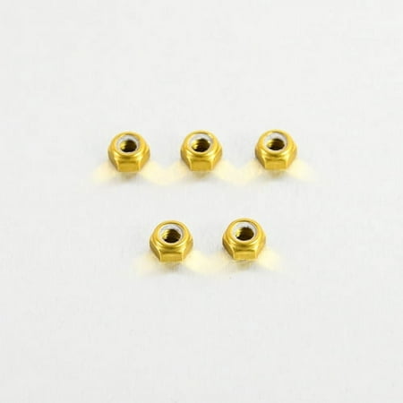 Five gold alloy nyloc nuts, each measuring M6 x 5.8mm, displayed in a neat arrangement, showcasing their shiny finish and locking design.