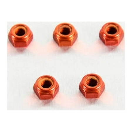 Five orange alloy nyloc nuts, M6 size with a 5.8mm height, featuring a shiny finish and hexagonal shape, arranged in a row on a light background.