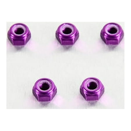 Five purple alloy nyloc nuts, M6 size with a 5.8mm height, featuring a shiny metallic finish and a hexagonal shape, arranged in a row on a light background.
