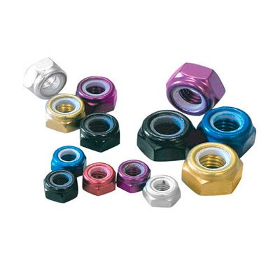 Five red alloy nyloc nuts, M6 size, featuring a hexagonal shape and a nylon insert for secure fastening, displayed alongside various other colored nuts.