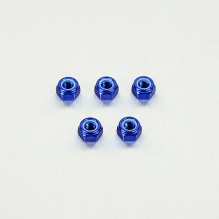Five blue alloy nyloc nuts, M8 size with a 7.9mm height, showcasing a shiny finish and hexagonal shape, arranged neatly on a light background.