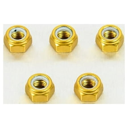 Five gold alloy nyloc nuts, M8 size with a 7.9mm width, featuring a shiny finish and a nylon insert for secure fastening.