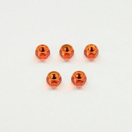 Five orange alloy nyloc nuts, each measuring M8 x 7.9mm, showcasing a hexagonal shape and a nylon insert for secure fastening.