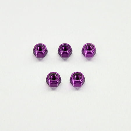Five purple alloy nyloc nuts, M8 size with a 7.9mm diameter, featuring a shiny finish and hexagonal shape, arranged on a light background.