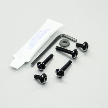 Pro-Bolt Aluminium Chain Guard & Hugger Bolt Kit featuring five black screws, a black washer, an Allen key, and a small tube of adhesive, all displayed on a light grey background.
