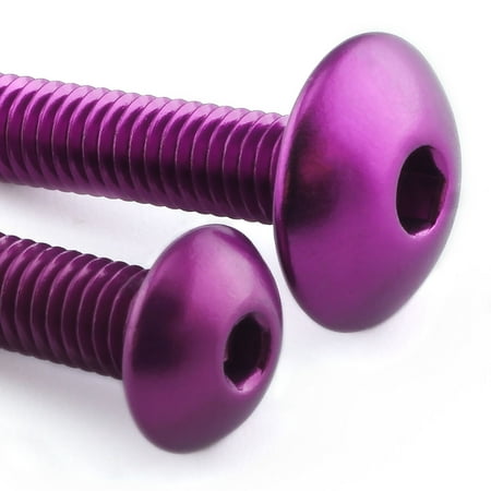 Purple anodized aluminum bolts with rounded heads and hexagonal sockets, designed for securing chain guards and huggers, showcasing a sleek and vibrant finish.