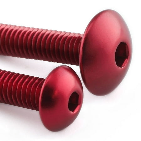 Red anodized aluminum bolts with a rounded head and hex socket, designed for securing chain guards and hugger components, showcasing a sleek, polished finish.
