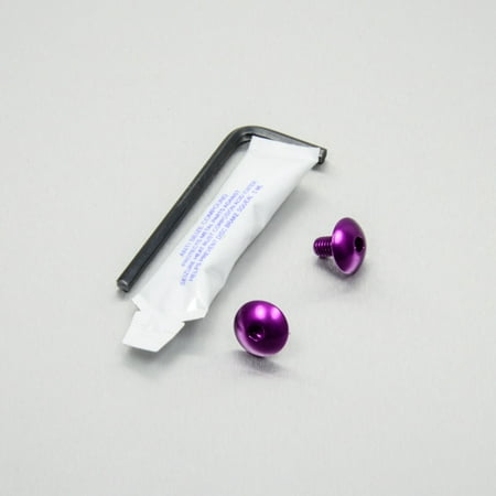 Pro-Bolt Aluminium Chain Guard Bolt Kit in vibrant purple, featuring two shiny bolts and an Allen key, packaged with a small tube of adhesive.