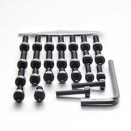 Pro-Bolt Aluminium Engine Bolt Kit in black, featuring multiple black bolts with hex heads, washers, and an included hex key for installation.