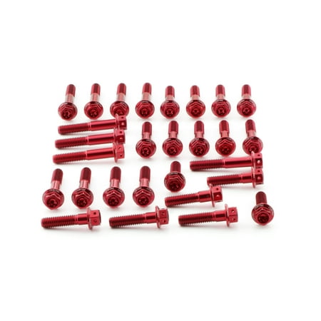 Pro-Bolt Aluminium Engine Bolt Kit in vibrant red, featuring various sizes of bolts with a polished finish, designed for durability and performance enhancement.