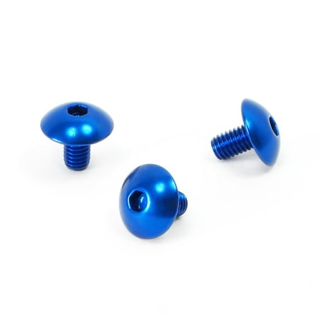 Three blue aluminum exhaust heat shield mount bolts with a glossy finish and a rounded head, designed for durability and performance enhancement.