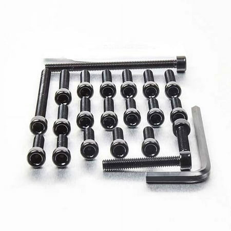 Pro-Bolt Aluminium Fairing Bolt Kit in black, featuring various lengths of black bolts with rounded heads, accompanied by an L-shaped hex key for installation.