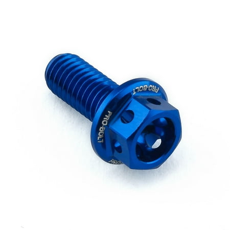 Blue anodized aluminum front suspension housing bolt with a hexagonal head and engraved branding, designed for durability and performance.