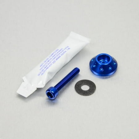 Pro-Bolt Aluminium Fuel Tank Mounting Bolt Kit in blue, featuring a blue bolt, washer, dome-shaped mount, and a small tube of adhesive, all set against a light grey background.