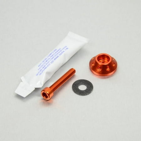 Pro-Bolt Aluminium Fuel Tank Mounting Bolt Kit in vibrant orange, featuring a long bolt, a matching washer, a decorative cap, and a small tube of adhesive.