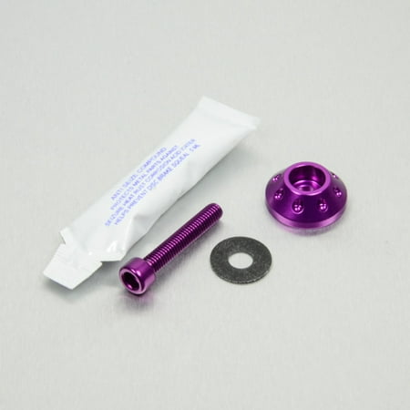 Purple aluminium fuel tank mounting bolt kit featuring a long bolt, a washer, a domed cap with holes, and a small tube of adhesive.