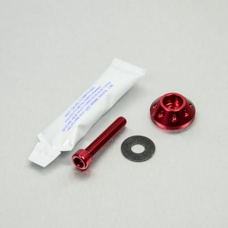 Pro-Bolt Aluminium Fuel Tank Mounting Bolt Kit in red, featuring a red anodized bolt, a matching washer, and a small tube of adhesive for secure installation.