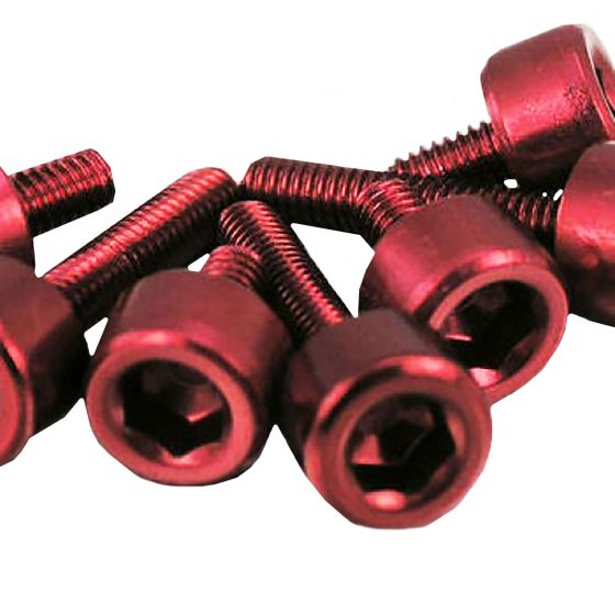 Red anodized aluminum bolts with a hexagonal head, designed for Honda fuel cap kits, showcasing a sleek finish and durable construction.