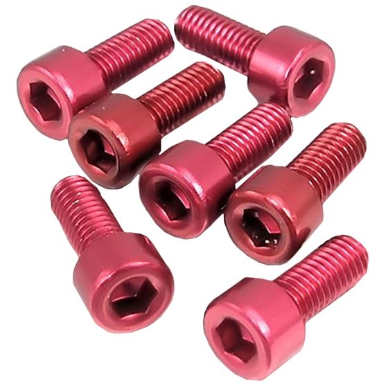 Red anodized aluminum fuel cap kit by Pro-Bolt for Kawasaki, featuring seven hexagonal bolts with a shiny finish and a sleek design.