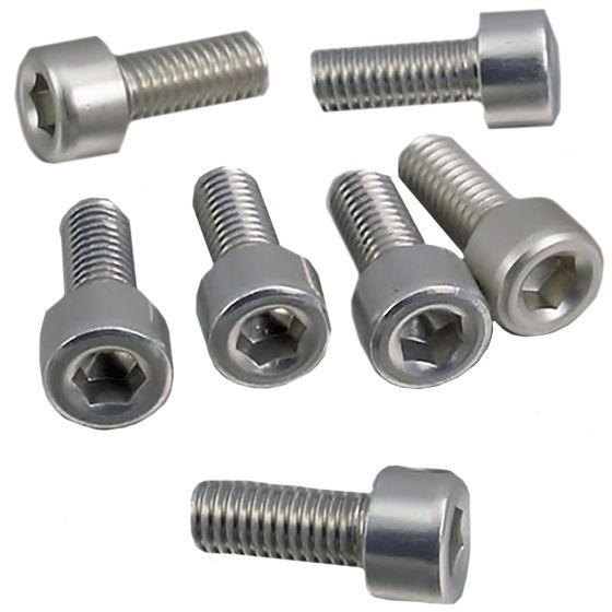 Silver aluminium bolts designed for Kawasaki fuel caps, featuring a hexagonal socket head and a sleek, polished finish, arranged in a scattered layout.
