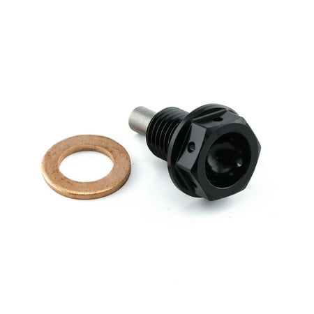 Black aluminium magnetic sump bolt with a hexagonal head and a silver steel tip, accompanied by a copper washer for sealing.