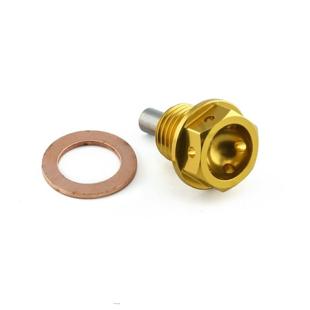 Gold aluminium magnetic sump bolt with a hexagonal head and three holes, accompanied by a copper washer.