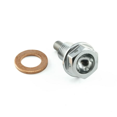 Silver aluminium magnetic sump bolt with a hexagonal head and a circular rubber washer, designed for secure oil retention and easy installation.