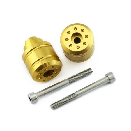 Gold anodized aluminum motorcycle bar ends with a sleek design, featuring multiple holes for grip and accompanied by two silver screws for installation.