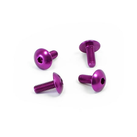 Purple anodized aluminum number plate mounting bolts with a hex socket head, featuring a smooth finish and rounded tops, designed for durability and style.