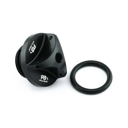 Black aluminium oil filler cap with a textured surface, featuring the Pro-Bolt logo and a circular rubber O-ring for a secure seal.