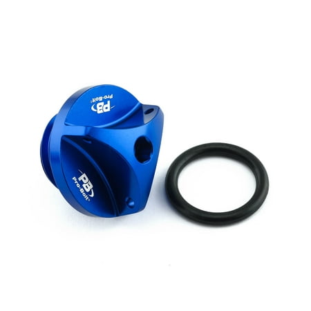 Blue aluminium oil filler cap with a sleek design, featuring the Pro-Bolt logo and a black rubber O-ring for a secure fit.