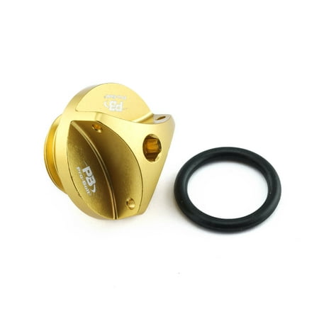 Gold aluminium oil filler cap with a sleek design, featuring a central opening and a black rubber O-ring for a secure fit, branded with "Pro-Bolt" and model details.