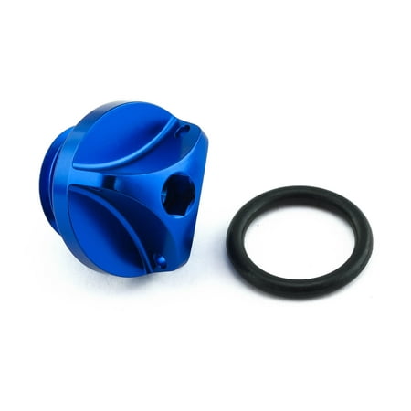 Blue aluminium oil filler cap with a textured grip and a central opening, accompanied by a black rubber O-ring for sealing, designed for Honda motorcycles.