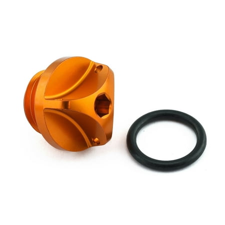 Orange aluminium oil filler cap with a unique design and a hexagonal socket, accompanied by a black rubber O-ring for a secure fit, specifically for Honda models.
