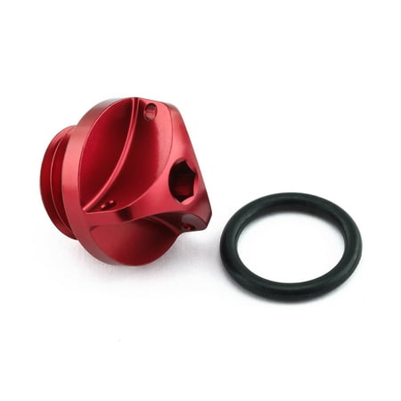 Red anodized aluminum oil filler cap with a sleek design, featuring a hexagonal socket for easy installation, accompanied by a black rubber O-ring for a secure fit.