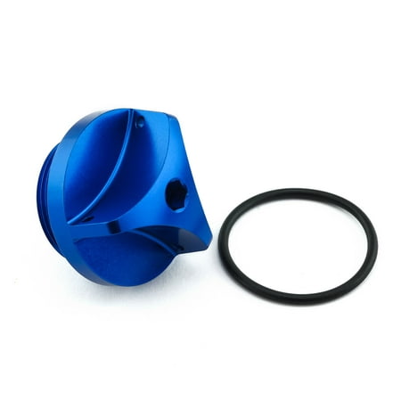 Blue aluminium oil filler cap with a textured grip and a hole for a securing bolt, accompanied by a black rubber O-ring for sealing.