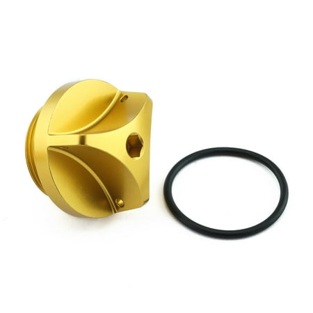 Gold aluminium oil filler cap with a unique design and a black O-ring, specifically designed for Kawasaki motorcycles.