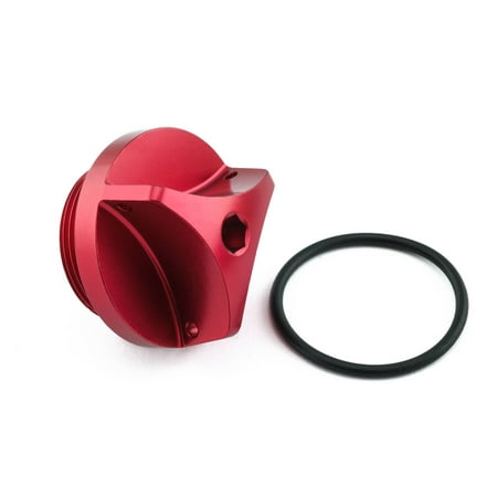 Red anodized aluminum oil filler cap with a sleek design, featuring a textured grip and an O-ring for a secure fit, designed specifically for Kawasaki motorcycles.