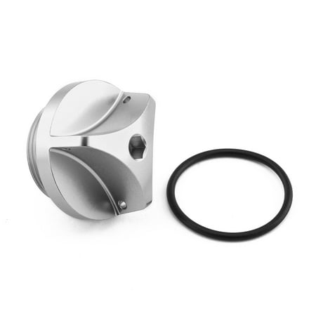 Silver aluminium oil filler cap with a sleek design, featuring a hexagonal socket and a rubber O-ring for a secure fit, compatible with Kawasaki motorcycles.